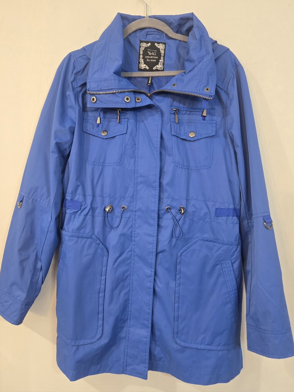 Yoki Women's Cobalt Blue Hooded Utility Rain Jacket. Pristine Condition.